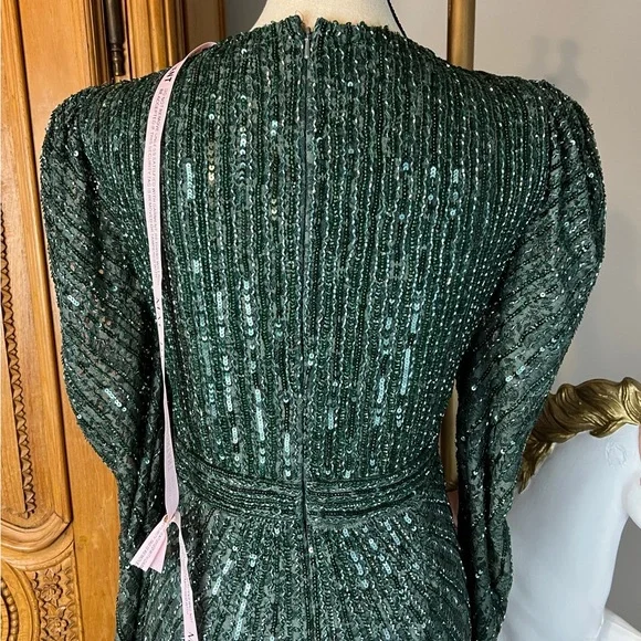 NEW Mac Duggal 93676 Bead Lace Long Sleeve Midi Dress Emerald Holiday Wicked - Picture 7 of 11